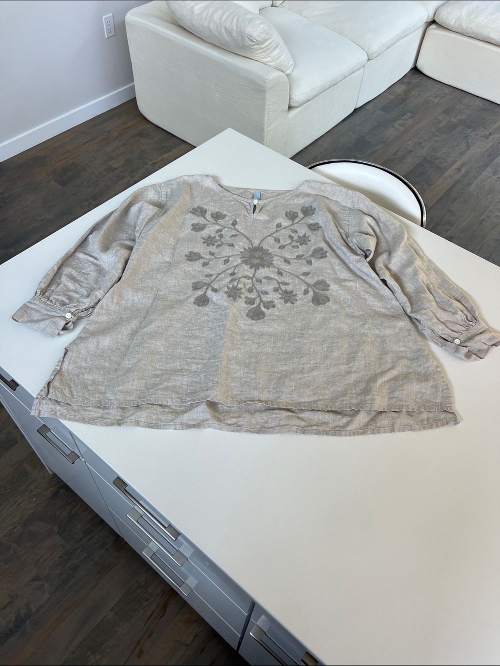 Homefrocks 100% linen floral motif tunic top shirt 3/4 long sleeve neutral large